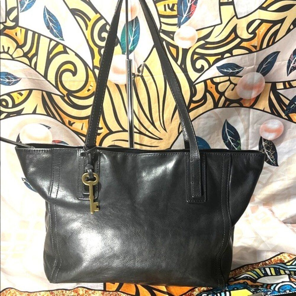 Fossil Emma Black Leather Tote with Key Accent